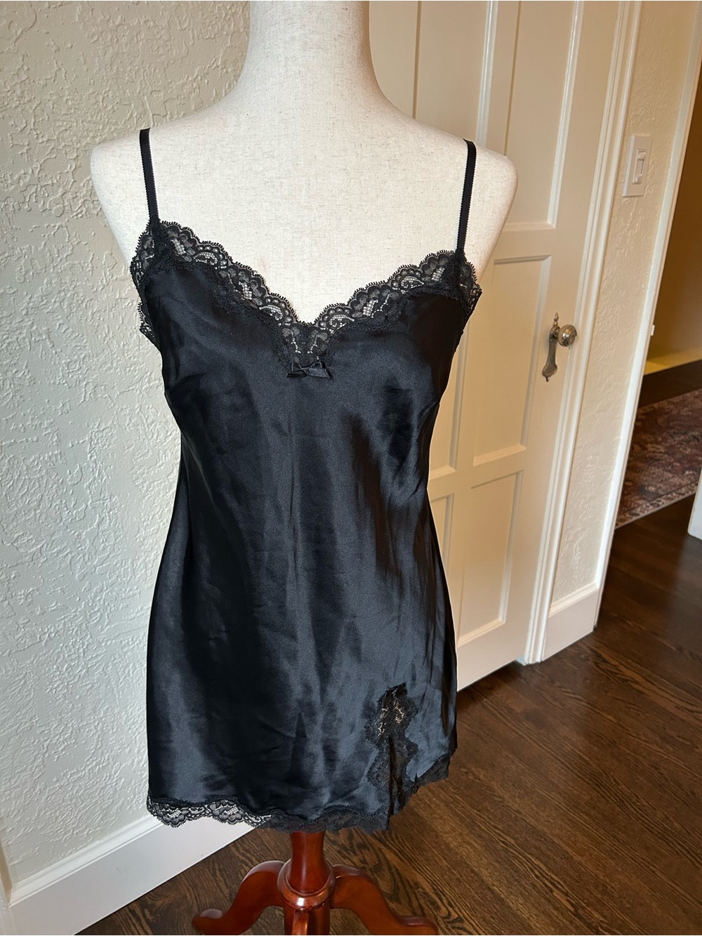 Victoria's Secret Black Satin Lace-Trim Chemise
